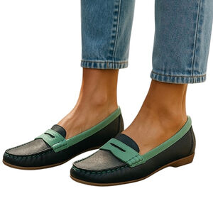 Vintage iye Spain Leather Green Navy Penny Loafer Slip On Shoe SIZE 8.5 US/39 EU